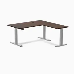 Desky Rubberwood L-Shape Sit Stand Desk - Dark Walnut / 60 x 30 x 62 x 20 in with Grommets / Gray Desky Rubberwood L-Shape Sit Stand Desk - Dark Walnut / 60 x 30 x 62 x 20 in with Grommets / Gray