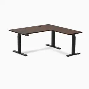 Desky Rubberwood L-Shape Sit Stand Desk - Dark Walnut / 60 x 30 x 62 x 20 in with Grommets / Matte Black Desky Rubberwood L-Shape Sit Stand Desk - Dark Walnut / 60 x 30 x 62 x 20 in with Grommets / Matte Black