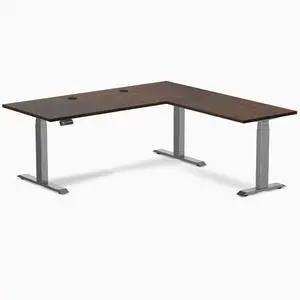 Desky Rubberwood L-Shape Sit Stand Desk - Dark Walnut / 72 x 30 x 70 x 24 in with Grommets / Space Gray Desky Rubberwood L-Shape Sit Stand Desk - Dark Walnut / 72 x 30 x 70 x 24 in with Grommets / Space Gray