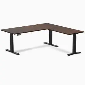 Desky Rubberwood L-Shape Sit Stand Desk - Dark Walnut / 72 x 30 x 70 x 24 in with Grommets / Matte Black Desky Rubberwood L-Shape Sit Stand Desk - Dark Walnut / 72 x 30 x 70 x 24 in with Grommets / Matte Black