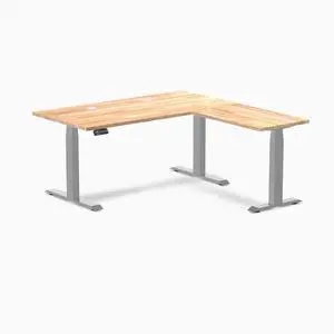 Desky Rubberwood L-Shape Sit Stand Desk - Natural Timber / 60 x 30 x 62 x 20 in with Grommets / Gray Desky Rubberwood L-Shape Sit Stand Desk - Natural Timber / 60 x 30 x 62 x 20 in with Grommets / Gray