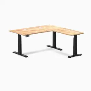 Desky Rubberwood L-Shape Sit Stand Desk - Natural Timber / 60 x 30 x 62 x 20 in with Grommets / Matte Black Desky Rubberwood L-Shape Sit Stand Desk - Natural Timber / 60 x 30 x 62 x 20 in with Grommets / Matte Black