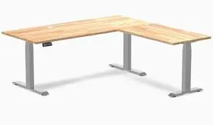 Desky Rubberwood L-Shape Sit Stand Desk - Natural Timber / 72 x 30 x 70 x 24 in with Grommets / Gray Desky Rubberwood L-Shape Sit Stand Desk - Natural Timber / 72 x 30 x 70 x 24 in with Grommets / Gray