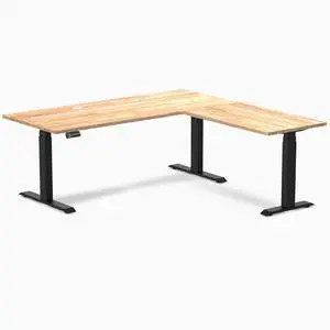 Desky Rubberwood L-Shape Sit Stand Desk - Natural Timber / 72 x 30 x 70 x 24 in with Grommets / Matte Black Desky Rubberwood L-Shape Sit Stand Desk - Natural Timber / 72 x 30 x 70 x 24 in with Grommets / Matte Black