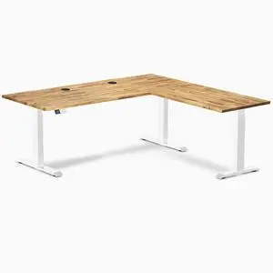 Desky Hardwood L-Shape Sit Stand Desk - Acacia / 72 x 30 x 70 x 24 in with Grommets / White Desky Hardwood L-Shape Sit Stand Desk - Acacia / 72 x 30 x 70 x 24 in with Grommets / White