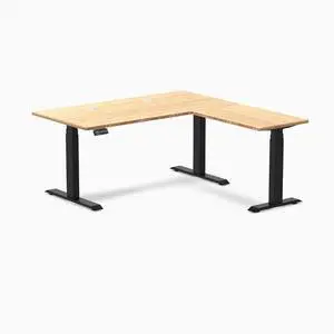 Desky Bamboo L-Shape Sit Stand Desk - Bamboo / 60 x 30 x 62 x 20 in with Grommets / Matte Black Desky Bamboo L-Shape Sit Stand Desk - Bamboo / 60 x 30 x 62 x 20 in with Grommets / Matte Black