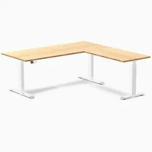 Desky Bamboo L-Shape Sit Stand Desk - Bamboo / 72 x 30 x 70 x 24 in with Grommets / White Desky Bamboo L-Shape Sit Stand Desk - Bamboo / 72 x 30 x 70 x 24 in with Grommets / White