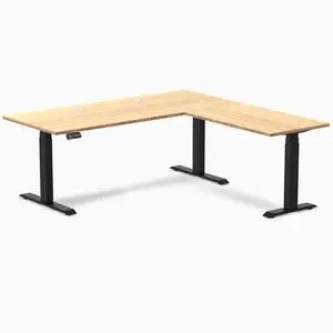Desky Bamboo L-Shape Sit Stand Desk - Bamboo / 72 x 30 x 70 x 24 in with Grommets / Matte Black Desky Bamboo L-Shape Sit Stand Desk - Bamboo / 72 x 30 x 70 x 24 in with Grommets / Matte Black