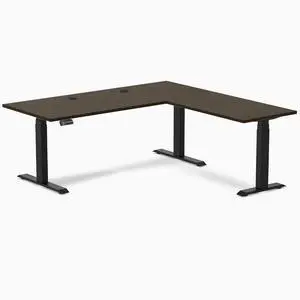 Desky Bamboo L-Shape Sit Stand Desk - Dark Bamboo / 72 x 30 x 70 x 24 in with Grommets / Matte Black Desky Bamboo L-Shape Sit Stand Desk - Dark Bamboo / 72 x 30 x 70 x 24 in with Grommets / Matte Black