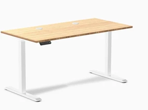 Desky Single Sit Stand Desk - Bamboo / 59 x 29.5 in with Grommets / White Desky Single Sit Stand Desk - Bamboo / 59 x 29.5 in with Grommets / White