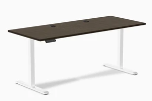 Desky Single Sit Stand Desk - Dark Bamboo / 70.9 x 29.5 in with Grommets / White Desky Single Sit Stand Desk - Dark Bamboo / 70.9 x 29.5 in with Grommets / White