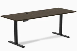 Desky Single Sit Stand Desk - Dark Bamboo / 78.7 x 29.5 in with Grommets / Black Desky Single Sit Stand Desk - Dark Bamboo / 78.7 x 29.5 in with Grommets / Black
