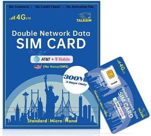 TALKSIM USA Prepaid Data SIM Card - Compatible with AT&T/T-Mobile, Ideal for 4G Cell Phones, GPS Trackers, Security/Hunting Cameras, IoT Devices, No Hidden Fees - Includes 300MB Trial Data (3 Days)