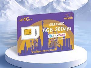 TALKSIM U.S. Prepaid Traffic Card Travel/Business Travel Multi-Device Connectivity Essential 30 Days 5GB Traffic No Contract AT&T/T-Mobile/Universal Supports 4G Cell Phones, Surveillance Connectivity