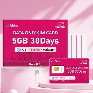 TALKSIMPink Data-Only SIM Card - 5GB High-Speed Data, 30 Days, Works in 50+ Countries, AT&T/T-Mobile/Verizon, Ideal for Travel, Study, and IoT Devices