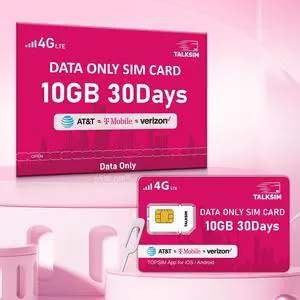 TALKSIM Pink Data-Only SIM Card - 10GB High-Speed Data, 30 Days, Works in 50+ Countries, AT&T/T-Mobile/Verizon, Ideal for Travel, Study, and IoT Devices