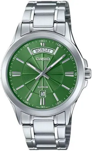 Casio Mens Green Dial Stainless Steel Bracelet Watch - MTP-1381D-3AVDF Casio Mens Green Dial Stainless Steel Bracelet Watch - MTP-1381D-3AVDF
