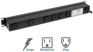 RackSolutions 15A Horizontal Rackmount Power Strip with Surge Protection, 6 Rear Outlets, 15ft Cord