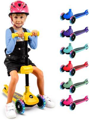 SereneLife 3 Wheel Foldable Kids Scooter - Foldable Seat, LED Wheel Lights, Adjustable Handlebar, Rear Foot Brake, Lean-to-Steer, Anti-Slip Deck, Ideal for Toddlers Kids 3+, up to 110Lbs (Yellow)