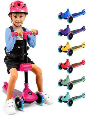 SereneLife 3-Wheel Foldable Kids Scooter  LED Wheel Lights, Adjustable Handlebar, Rear Foot Brake, Lean-to-Steer, Anti-Slip Deck  Ideal for Toddlers & Kids 2+, up to 110 lbs