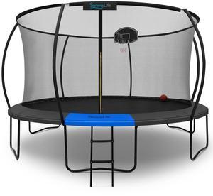 SereneLife 14FT Outdoor Trampoline for Kids  Durable Backyard Kids Trampoline with Curved Safety Poles, Net Enclosure, Ladder & Basketball Hoop  ASTM Certified, Supports 330 lbs, 168"x116", Black
