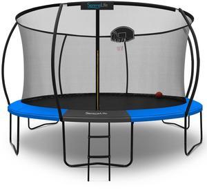 SereneLife 14FT Outdoor Trampoline for Kids  Durable Backyard Kids Trampoline with Curved Safety Poles, Net Enclosure, Ladder & Basketball Hoop  ASTM Certified, Supports 330 lbs, 168"x116", Blue