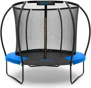 SereneLife 8FT Outdoor Trampoline for Kids  Durable Backyard Kids Trampoline with Curved Safety Poles, Net Enclosure, Ladder & Basketball Hoop  ASTM Certified, Supports 264 lbs, 96"x82", Blue