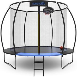 SereneLife 12FT Outdoor Trampoline for Kids  Durable Backyard Kids Trampoline with Curved Safety Poles, Net Enclosure, Ladder & Basketball Hoop  ASTM Certified, Supports 308 lbs, 144"x116", Black