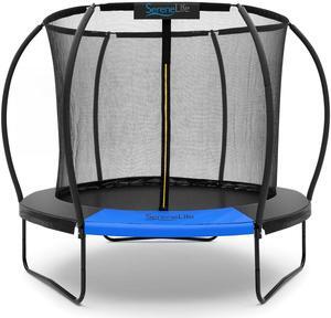 SereneLife 8FT Outdoor Trampoline for Kids  Durable Backyard Kids Trampoline with Curved Safety Poles, Net Enclosure, Ladder & Basketball Hoop  ASTM Certified, Supports 264 lbs, 96"x82", Black