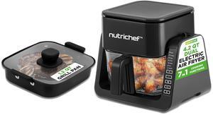 NutriChef 4 QT Air Fryer & Grill | 7-1 Preset Cook Modes | Transparent Fry Bowl for Best Cooking Results | Cook Shrimp, Steak, Fries, Wings & More | 4 QT Glass Air Fryer & 1.2 QT Grill | Black
