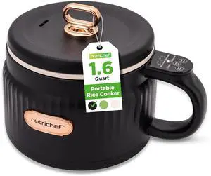 NutriChef 1.6 QT Portable Electric Rice Cooker & Lunch Maker | Multi-Functional & Non-Stick Ceramic Coating | Digital Control Panel | 6 Cook Functions: Rice, Soup, Stew, Porridge & More | Black
