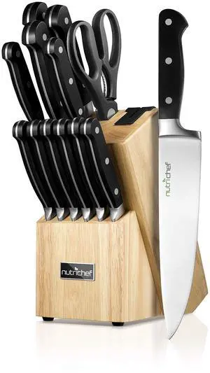 NutriChef 13-Piece Kitchen Knife Set with Wooden Block - Precision Crafted Stainless Steel Knives with Scissors & Built-In Sharpener - Lightweight, Durable, & Razor Sharp - Dishwasher Safe (NCKNS13)