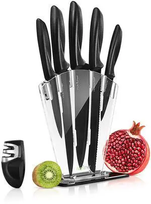 NutriChef 7 Piece Kitchen Knife Set - Stainless Steel Kitchen Precision Knives Set w/ 5 Knives & Bonus Sharpener, Acrylic Block Stand - Cutting Slicing, Chopping, Dicing NCKNS7X