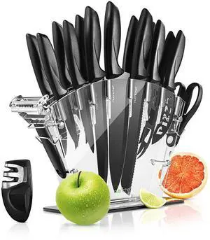 NutriChef 17-Piece Kitchen Knife Set - Stainless Steel Precision Crafted Knives w/Acrylic Block Stand - Includes 6 Steak Knives, 7 Multi-Use Knives, Sharpener, Scissors, & Vegetable Peeler (Black)