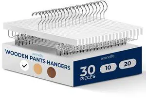 SereneLife 30 Pack Wooden Pants Hangers with Clips  White 14"x0.5"x6.7", Heavy Duty Wood Skirt Hangers with 360° Swivel Hook & Adjustable Non-Slip Clips for Jeans Slacks Shorts