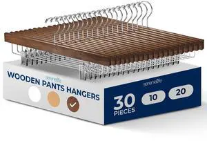 SereneLife 30 Pack Wooden Pants Hangers with Clips  Retro Brown 14"x0.5"x6.7", Heavy Duty Wood Skirt Hangers with 360° Swivel Hook & Adjustable Non-Slip Clips for Jeans Slacks Shorts
