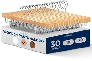 SereneLife 30 Pack Wooden Pants Hangers with Clips  Natural Wood 14"x0.5"x6.7", Heavy Duty Wood Skirt Hangers with 360° Swivel Hook & Adjustable Non-Slip Clips for Jeans Slacks Shorts