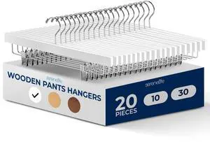 SereneLife 20 Pack Wooden Pants Hangers with Clips  White 14"x0.5"x6.7", Heavy Duty Skirt Hangers with Adjustable Non-Slip Steel Clips & 360° Swivel Hook for Jeans Slacks Shorts
