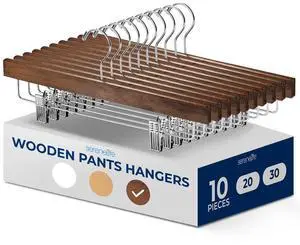 SereneLife 10 Pcs. Premium Wooden Pants Hangers - Heavy Duty Set with Chrome 360° Swivel Hook & Adjustable Steel Clips (Retro)