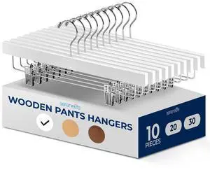 SereneLife 10 Pcs. Premium Wooden Pants Hangers - Heavy Duty Set with Chrome 360° Swivel Hook & Adjustable Steel Clips (White)