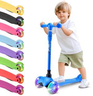 Hurtle Mini Kickboard Scooter for Kids - Height Adjustable 25''-28'', Lightweight 3-Wheel with LED Light-up Wheels, Anti-Slip, Indoor/Outdoor Fun, for Ages 2-5 (Blue)