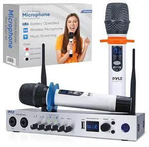 Pyle, UHF Wireless Microphone System, Portable Digital Audio Mixer, Bluetooth, Two Handheld Mics, Receiver Base, White, Adjustable Volume, Complete Set, Dual Channel, Home Karaoke, Professional Use