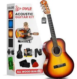 Pyle Beginner Acoustic Guitar Kit, 4/4 Full Size All Wood Instrument for Beginners, Adults, 39" Brown Gloss