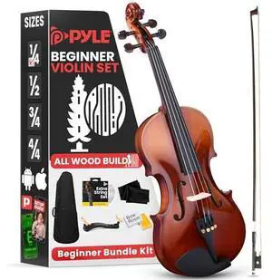 Pyle 1/4 Size Beginner Violin Starter Kit, Violin Starter Package with Travel Case & Bow, Extra Strings, Digital Tuner, Shoulder Rest & Cleaning Cloth for Students, Kids, Adults