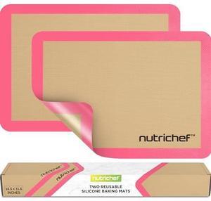 Nutrichef Silicone Baking Mats - 2 Non-stick Food-Grade Reusable Silicone Mats - Perfect for Half Baking Pans 16.5 x 11.6 IN - Oven-Safe Up to 480 Degrees F - Safe for Ovens & Dishwashers - Pink
