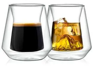 NutriChef Double Wall Insulated Glasses - 2pcs 8 oz High Borosilicate Glass Sweat Free Mugs Clear Drinkware for Hot/Cold Drinks, Coffee, Espresso, Cappuccino, Latte, Tea, Microwavable, Dishwasher Safe