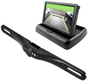 Pyle Backup Rear View Car Camera Monitor Screen & Alarm Parking Sensors System Reverse Safety Distance Scale Lines, Waterproof Night Vision Angle, 4.3" LCD Video Display for Vehicles - (PLCMPS48)