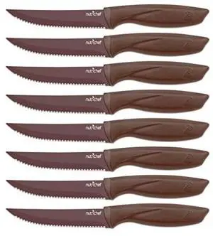 NutriChef 8 Piece Kitchen Knife Set - Multi-purpose Unbreakable Ergonomic Non-stick Stainless Steel Kitchen Steak Knives Set with Fully Serrated Blades - Great for BBQ Grill - NCSK8BW,Brown