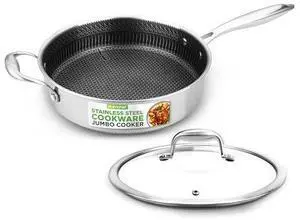 NutriChef 3.4QT Deep Frying Pan with Lid - Stainless Steel Non-Stick Saute Pan, Scratch-Resistant Honeycomb Texture, Oven & Induction Safe Skillet