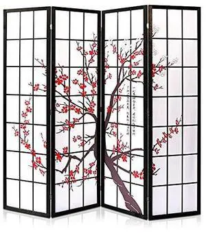 SereneLife Japanese Screen Room Divider - Portable Freestanding Classic Indoor Decorative 4-Panel Separator, Folding Privacy, Dressing Area, Office, Elegant Plum Blossom Design